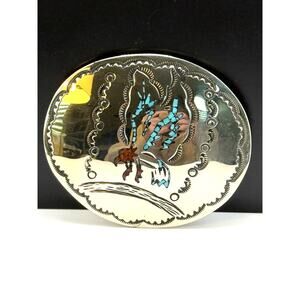 Vintage Sterling Silver Hopi Signed Turquoise Coral Buckle